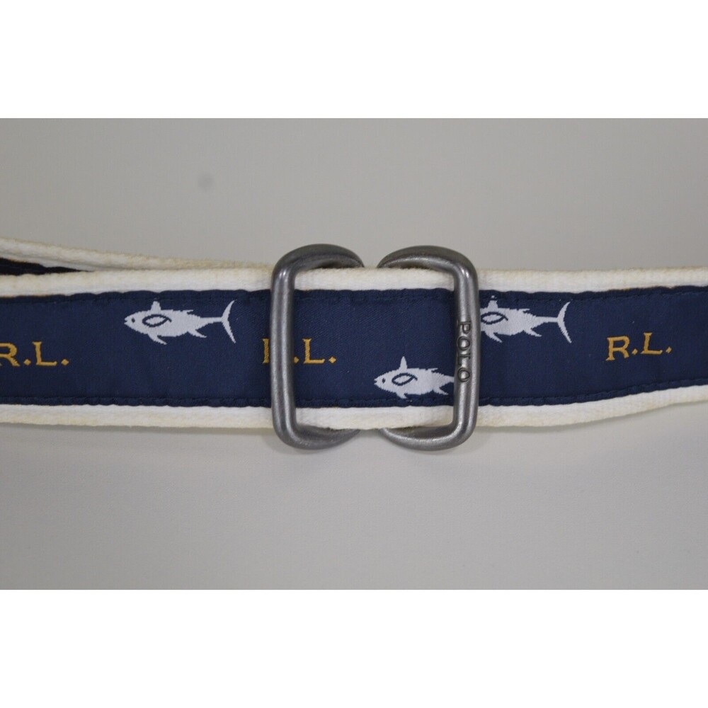 Ralph Lauren Polo Youth Belt Sharks Fish Bones Ribbon Double D Ring 33" - Picture 2 of 5